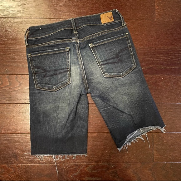 American Eagle Super Stretch Dark Wash Jean Distressed Bermuda Shorts - Picture 2 of 5